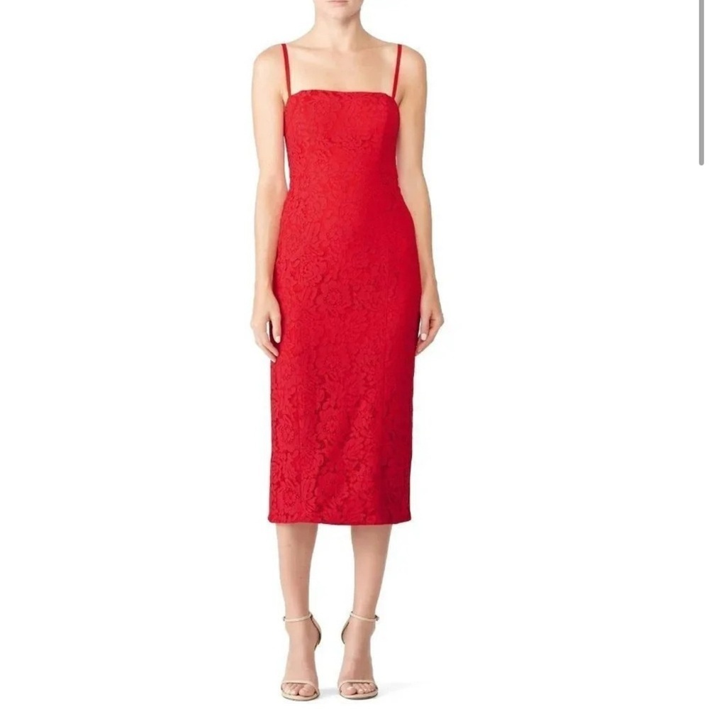 Fame and Partners The Max Dress Red Lace Sheath Midi Hoco Cocktail Formal Size 2